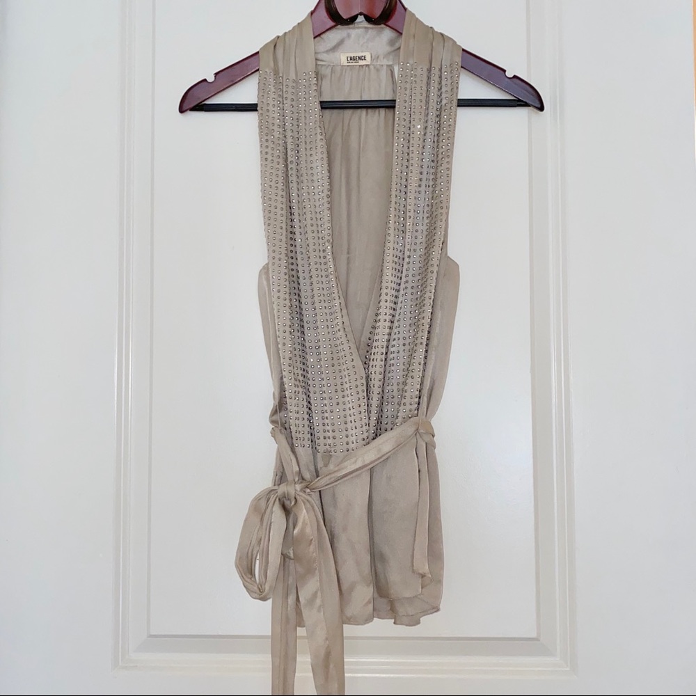 L’agence 100% Silk embellished tie waist wrap top